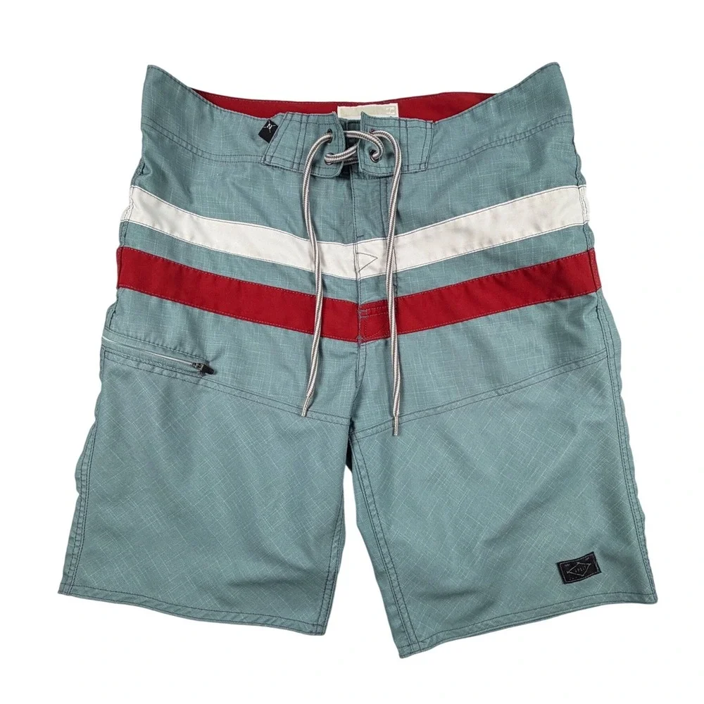 Split Co Mens Board Shorts Size 32 Teal Blue Red White Striped Swim Trunks Surf